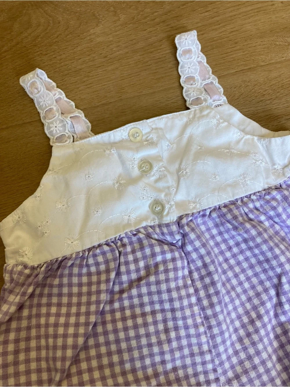 Vintage White and Lavender Gingham Baby Romper with Lace Trim 12m